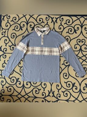 Long-Sleeve Polo Shirt in Slate Blue with Plaid Trim